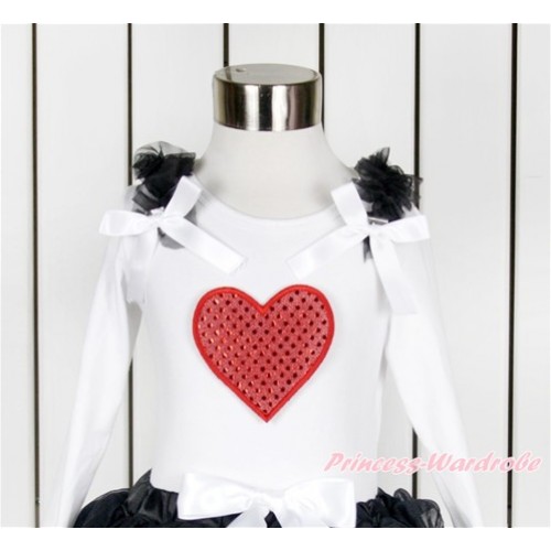 Valentine's Day White Long Sleeves Top With Black Ruffles & White Bow with Sparkle Red Heart Print TW443 