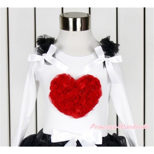 Valentine's Day White Long Sleeves Top With Black Ruffles & White Bow with Red Rosettes Heart Print TW444 