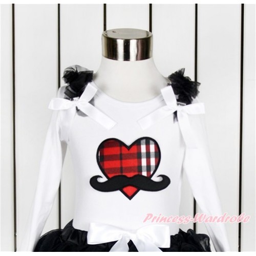 Valentine's Day White Long Sleeves Top With Black Ruffles & White Bow with Mustache Red Black Checked Heart Print TW448 