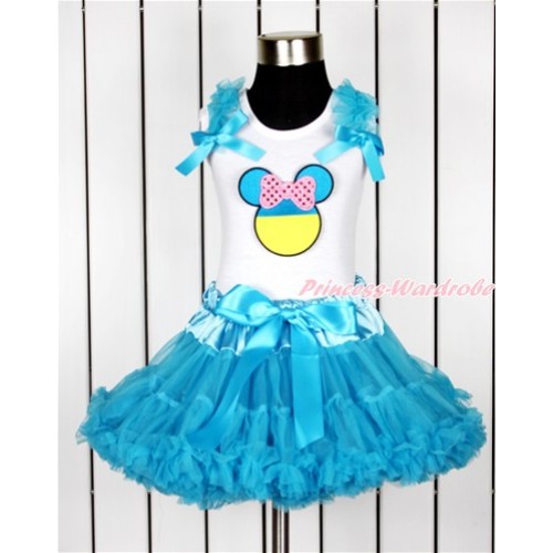 World Cup White Tank Top with Peacock Blue Ruffles & Peacock Blue Bow with Sparkle Light Pink Ukraine Minnie Print & Peacock Blue Pettiskirt MG1009 