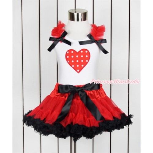 Valentine's Day  White Tank Top with Red Ruffles & Black Bow with Red White Dots Heart Print & Red Black Pettiskirt MG1015 