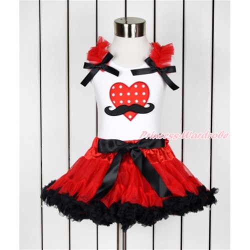 Valentine's Day  White Tank Top with Red Ruffles & Black Bow with Mustache Red White Dots Heart Print & Red Black Pettiskirt MG1016 