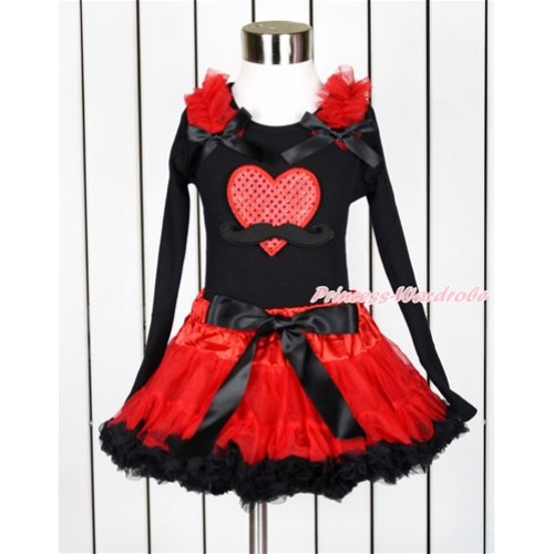 Valentine's Day Black Long Sleeve Top with Red Ruffles & Black Bow with Mustache Sparkle Red Heart Print with Red Black Pettiskirt MW428 