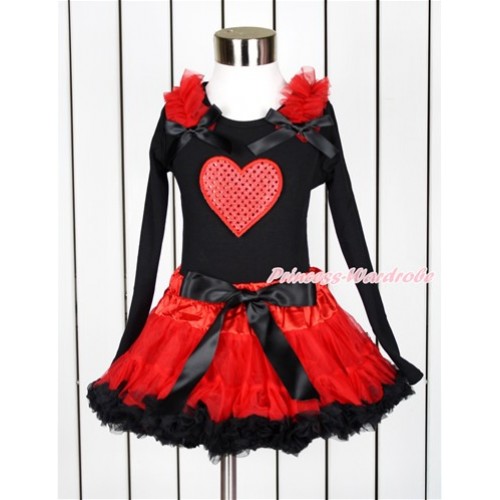 Valentine's Day Black Long Sleeve Top with Red Ruffles & Black Bow with Sparkle Red Heart Print with Red Black Pettiskirt MW429 