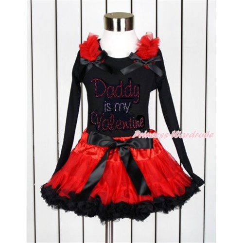 Valentine's Day Black Long Sleeve Top with Red Ruffles & Black Bow with Sparkle Crystal Bling Rhinestone Daddy is my Valentine Print with Red Black Pettiskirt MW430 
