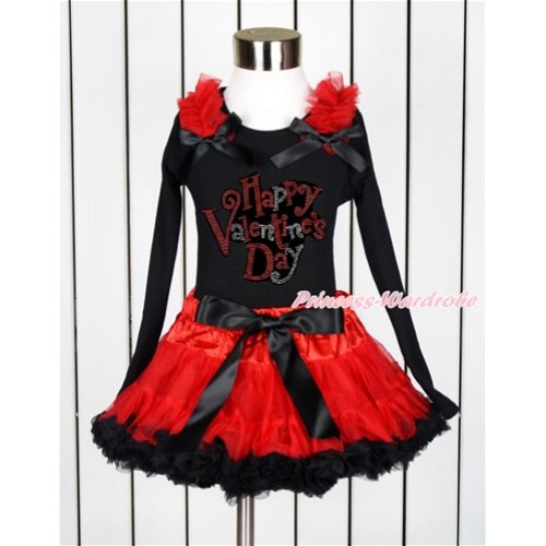 Valentine's Day Black Long Sleeve Top with Red Ruffles & Black Bow with Sparkle Crystal Bling Rhinestone Happy Valentine's Day Print with Red Black Pettiskirt MW431 