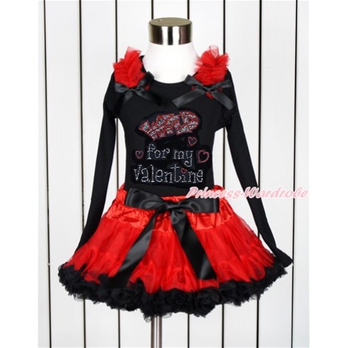 Valentine's Day Black Long Sleeve Top with Red Ruffles & Black Bow with Sparkle Crystal Bling Rhinestone Wild for my Valentine Print with Red Black Pettiskirt MW432 