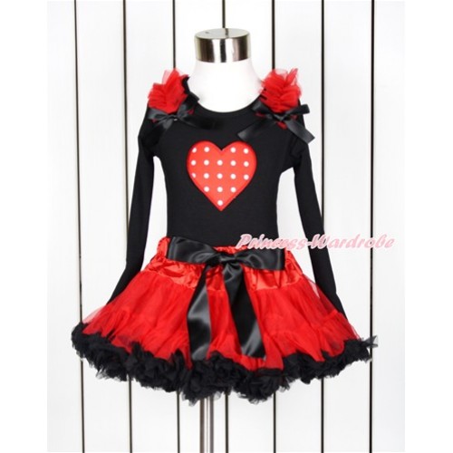 Valentine's Day Black Long Sleeve Top with Red Ruffles & Black Bow with Red White Dots Heart Print with Red Black Pettiskirt MW434 