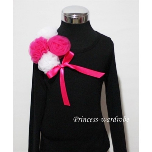 Black Long Sleeve Top with Bunch of White Hot Pink Rosettes and Hot Pink Bow TB83 