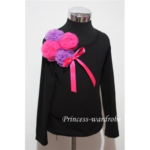 Black Long Sleeve Top with Bunch of Dark Purple Hot Pink Rosettes and Hot Pink Bow TB84 