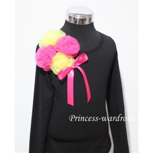 Black Long Sleeve Top with Bunch of Yellow Hot Pink Rosettes and Hot Pink Bow TB85 