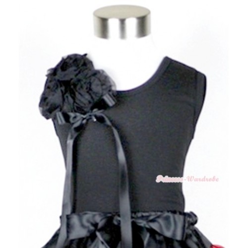 Black Tank Top with Bunch of Black Rosettes& Black Bow TB267 
