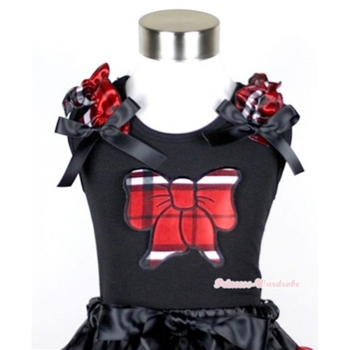 Black Tank Top With Red Black Checked Butterfly Print with Red Black Checked Ruffles & Black Bow TB269 