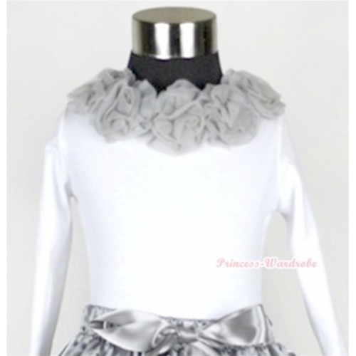 White Long Sleeves Tops with Grey Rosettes T269 
