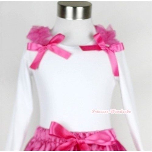 White Long Sleeves Top with Hot Pink Ruffles & Hot Pink Bow T283 