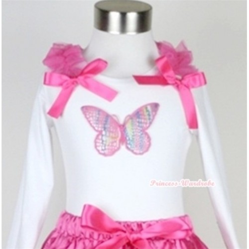 White Long Sleeves Top with Rainbow Butterfly Print With Hot Pink Ruffles & Hot Pink Bow T286 