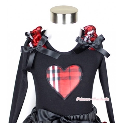 Black Long Sleeves Top with Red Black Checked Heart Print With Red Black Checked Ruffles & Black Bow TB35 