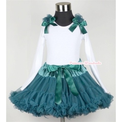 Teal Green Pettiskirt with Matching White Long Sleeve Top with Teal Green Ruffles & Teal Green Bow MW162 