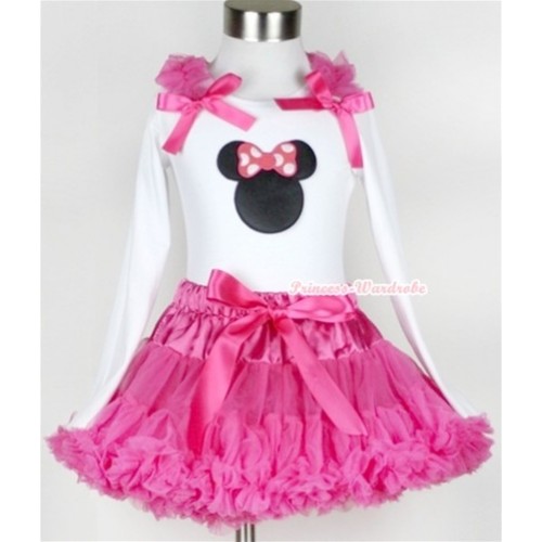 Hot Pink Pettiskirt with Hot Pink Minnie Print White Long Sleeve Top with Hot Pink Ruffles & Hot Pink Bow MW169 