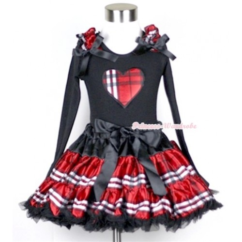 Red Black Checked Pettiskirt with Red Black Checked Heart Print Black Long Sleeve Top with Red Black Checked Ruffles & Black Bow MW143 