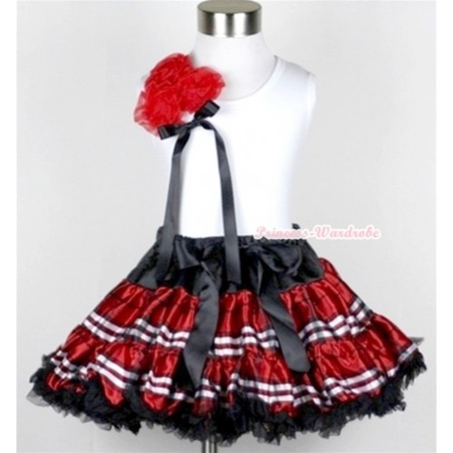 White Tank Top With a Bunch of Red Rosettes& Black Bow With Red Black Checked Pettiskirt MG360 