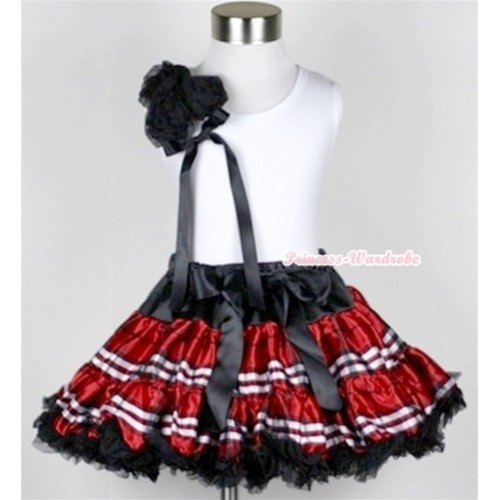 White Tank Top With a Bunch of Black Rosettes& Black Bow With Red Black Checked Pettiskirt MG361 