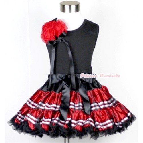 Black Tank Top with a Bunch of Red Rosettes and Black Bow With Red Black Checked Pettiskirt MW105 