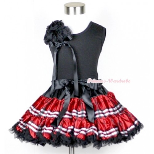 Black Tank Top with a Bunch of Black Rosettes and Black Bow With Red Black Checked Pettiskirt MW106 