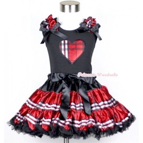 Black Tank Top with Red Black Checked Heart Print with Red Black Checked Ruffles & Black Bow & Red Black Checked Pettiskirt MW109 