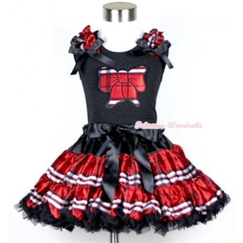 Black Tank Top with Red Black Checked Butterfly Print with Red Black Checked Ruffles & Black Bow & Red Black Checked Pettiskirt MW177 