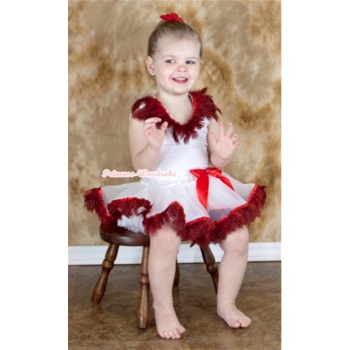 White Tank Top with Red Feather Lacing With White Mix Red Feather Pettiskirt NG1124 