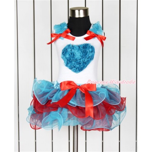 Valentine's Day White Tank Top With Peacock Blue Ruffles & Red Bow & Peacock Blue Rosettes Heart Print With Red Bow Peacock Blue Red Petal Pettiskirt MG1019 