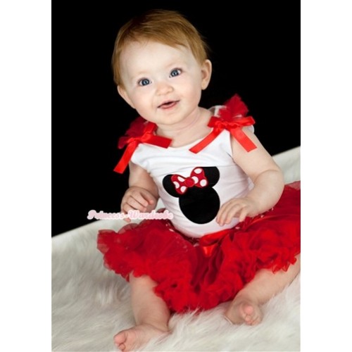 White Baby Pettitop with Minnie Print with Red Ruffles & Red Bows with Minnie Dots Waist Newborn Pettiskirt NN42 