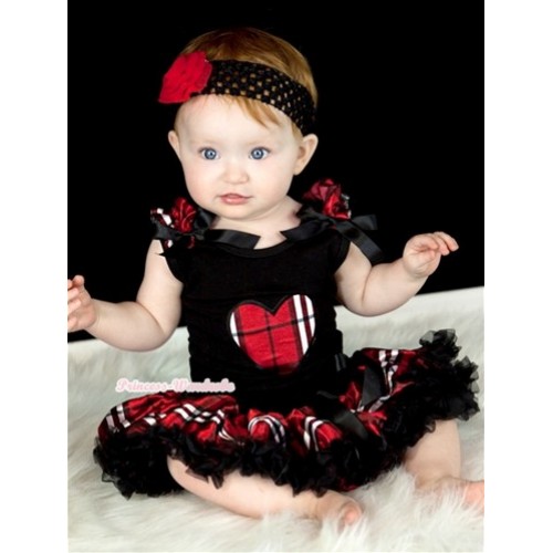 Black Baby Pettitop with Red Black Checked Heart Print with Red Black Checked Ruffles & Black Bow & Red Black Checked Newborn Pettiskirt With Black Headband Red Rose NG429 