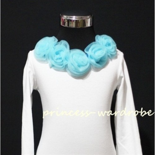 White Long Sleeves Tops with Light Blue Rosettes T33 