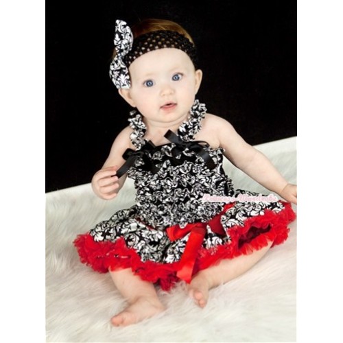 Damask Baby Ruffles Tank Top with Red Damask Baby Pettiskirt with Black Headband Damask Satin Bow NR45 