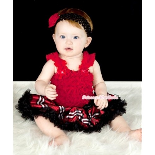 Red Baby Ruffles Tank Top with Red Black Checked Baby Pettiskirt with Black Headband Red Rose Clip NR48 