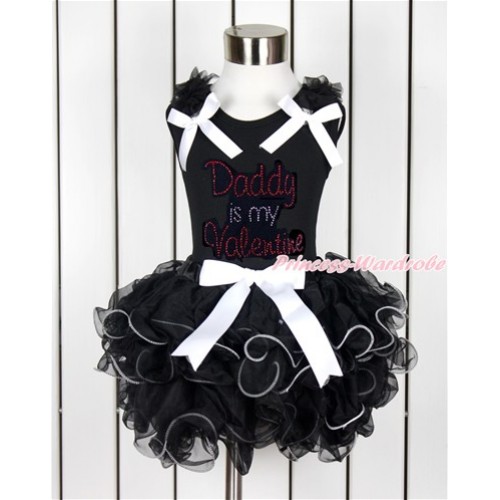 Valentine's Day Black Tank Top With Black Ruffles & White Bows & Sparkle Crystal Bling Rhinestone Daddy is my Valentine Print With White Bow Black Petal Pettiskirt MG1034 
