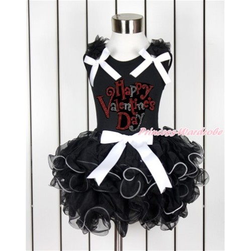 Valentine's Day Black Tank Top With Black Ruffles & White Bows & Sparkle Crystal Bling Rhinestone Happy Valentine's Day Print With White Bow Black Petal Pettiskirt MG1035 