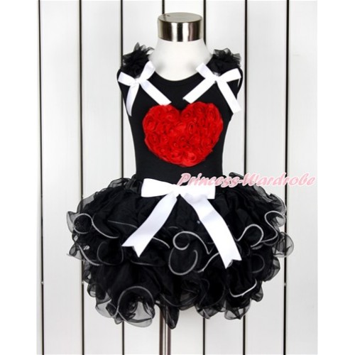 Valentine's Day Black Tank Top With Black Ruffles & White Bows & Red Rosettes Heart Print With White Bow Black Petal Pettiskirt MG1037 