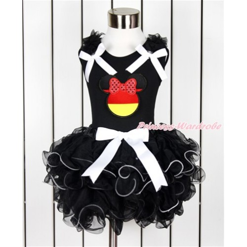 World Cup Black Tank Top With Black Ruffles & White Bows & Sparkle Red Germany Minnie Print With White Bow Black Petal Pettiskirt MG1038 