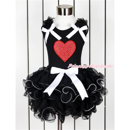 Valentine's Day Black Tank Top With Black Ruffles & White Bows & Sparkle Red Heart Print With White Bow Black Petal Pettiskirt MG1039 