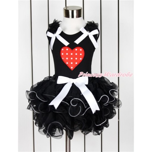 Valentine's Day Black Tank Top With Black Ruffles & White Bows & Red White Dots Heart Print With White Bow Black Petal Pettiskirt MG1042 