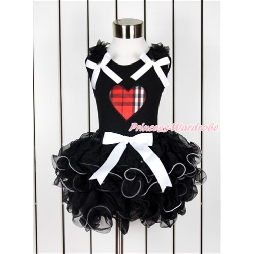 Valentine's Day Black Tank Top With Black Ruffles & White Bows & Red Black Checked Heart Print With White Bow Black Petal Pettiskirt MG1045 