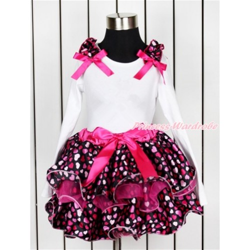 White Long Sleeve Top with Hot Light Pink Heart Ruffles & Hot Pink Bow with Matching Hot Pink Bow Hot Pink Hot Light Pink Heart Petal Pettiskirt MW437 