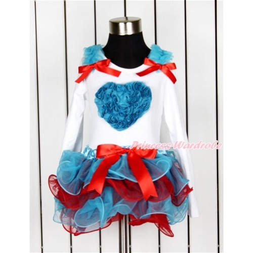 Valentine's Day White Long Sleeve Top with Peacock Blue Ruffles & Red Bow & Peacock Blue Rosettes Heart Print with Matching Red Bow Peacock Blue Red Petal Pettiskirt MW439 