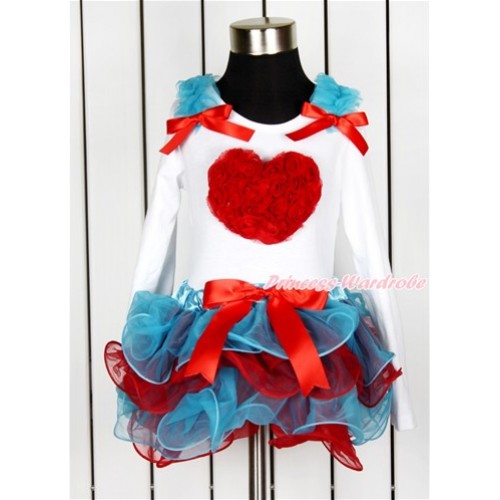 Valentine's Day White Long Sleeve Top with Peacock Blue Ruffles & Red Bow & Red Rosettes Heart Print with Matching Red Bow Peacock Blue Red Petal Pettiskirt MW440 