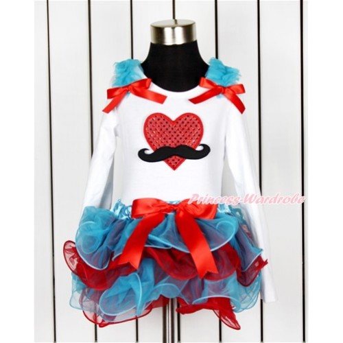 Valentine's Day White Long Sleeve Top with Peacock Blue Ruffles & Red Bow & Mustache Sparkle Red Heart Print with Matching Red Bow Peacock Blue Red Petal Pettiskirt MW442 