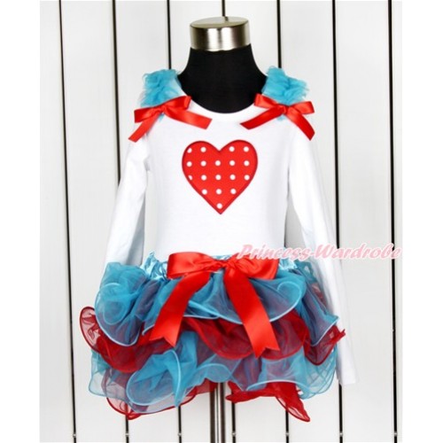 Valentine's Day White Long Sleeve Top with Peacock Blue Ruffles & Red Bow & Red White Dots Heart Print with Matching Red Bow Peacock Blue Red Petal Pettiskirt MW445 