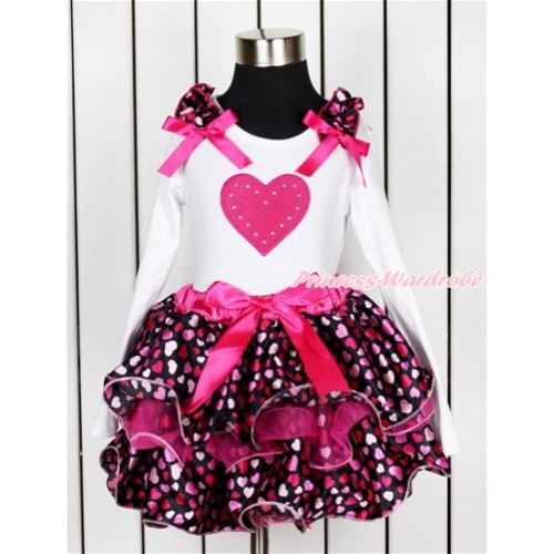 Valentine's Day White Long Sleeve Top with Hot Light Pink Heart Ruffles & Hot Pink Bow & Hot Pink Heart Print with Matching Hor Pink Bow  Hot Pink Hot Light Pink Heart Petal Pettiskirt MW447 